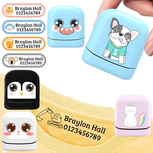 Sello de nombre para ropa para niños, sello con nombre personalizado, impermeable, 4 colores y 36 patrones de dibujos animados (concha de sello azul)