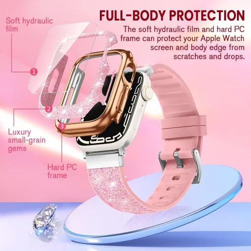 Miniatura 6 de Funda protectora brillante compatible con Apple Watch de 40/44/41/1.772 in, con diamantes de imitación para iWatch SE/Series 9/8/7/6/5/4