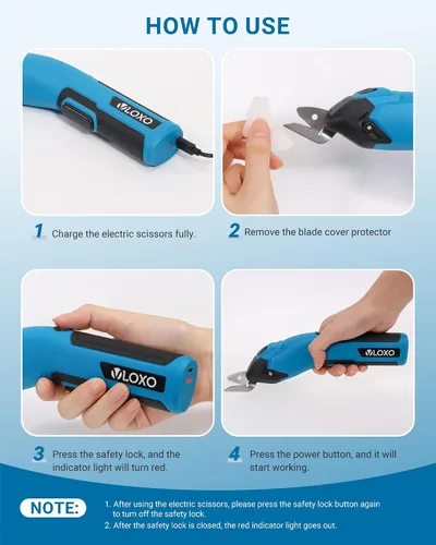 Miniatura 8 de VLOXO Cortador de cartón inalámbrico, tijeras eléctricas recargables de 4 V, súper tijeras con 3 cuchillas diferentes y bloqueo de seguridad
