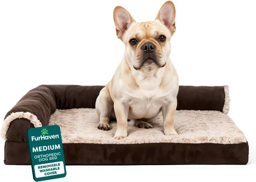 Miniatura 26 de Furhaven - Cama ortopédica de espuma para perros, de piel sintética y gamuza, en forma de L, en dos tonos estilo caja de huevos, color gris piedra