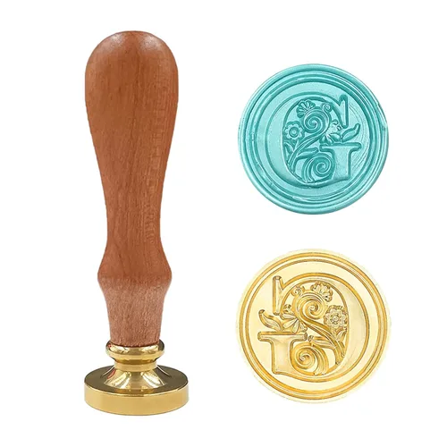 Miniatura 24 de Sello de cera medieval tradicional del alfabeto inicial, cabeza de latón, mango de madera, sellos de letras para tarjeta/sobre/regalo - (Letra W)