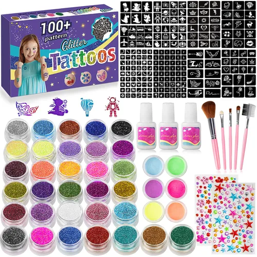 Tatuajes temporales con purpurina para niños, 32 colores de purpurina y 6 colores fluorescentes, 209 plantillas, 2 calcomanías de diamante, 3 38