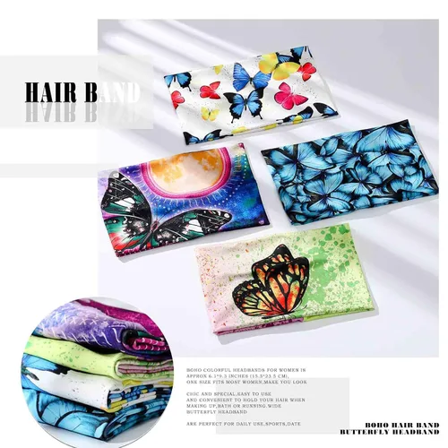 Miniatura 2 de Olbye Diademas anchas bohemias para la cabeza, bandas elásticas con botón de mariposa, bandana, yoga, correr, atlético, turbante, bandas