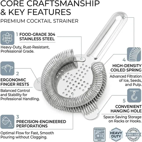 Miniatura 4 de Hawthorne - Colador de cóctel profesional de acero inoxidable 304 de grado alimenticio con resorte de alta densidad, colador ergonómico para bebidas