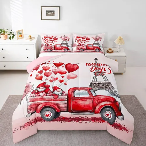 Miniatura 14 de Juego de edredón para el día de San Valentín, tamaño individual, ropa de cama romántica de gnomo para niños y niñas, pareja, con corazón rojo