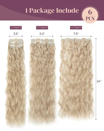 Miniatura 2 de LONAI - Extensiones de cabello con clip, 6 piezas, rizadas, de 24" de largo, sintéticas, para mujer, color rubio ceniza natural