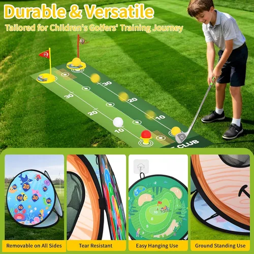 Miniatura 7 de AOSITE - Juego de golf 5 en 1 para niños pequeños, juguetes pegajosos para juegos de golf con 3 palos de golf y tapete de putt, red de astillado