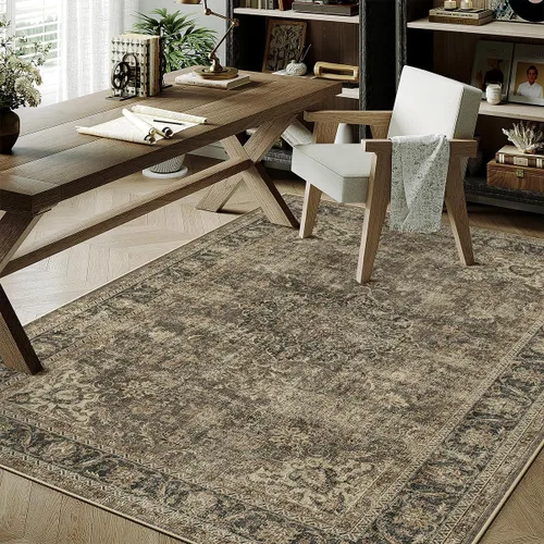 Miniatura 41 de Alfombra de área marrón lavable de 2 x 3 pies, alfombra vintage para entrada y cocina, antideslizante, suave, de pelo bajo desgastado, alfombra