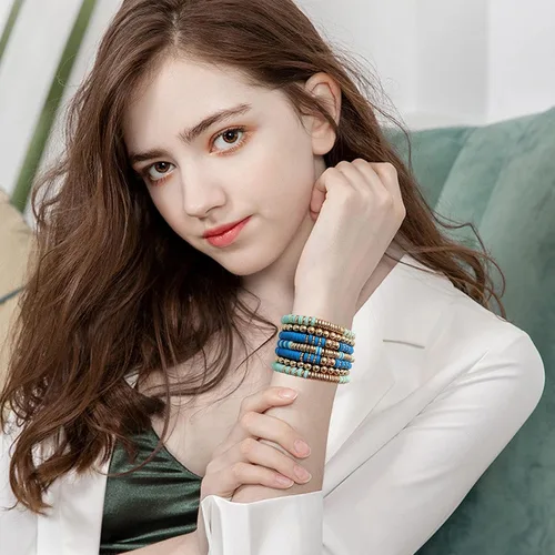 Miniatura 3 de Pulseras de cuentas de arcilla estilo heishi surfista para mujer, con discos de vinilo y dije de mal de ojo, apilables, pulseras elásticas