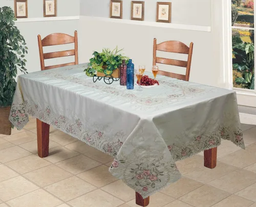 Miniatura 2 de Creative Linens Mantel bordado floral rosa rosa 70x120 rectangular y 12 servilletas beige primavera pastel mantel