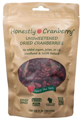 Honestly Cranberry - Arándanos rojos secos sin endulzar - Sin azúcares, jugos o aceites añadidos - Sin OGM - Cultivado en Wisconsin (3 oz)