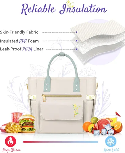 Miniatura 4 de GLORIEROO Lonchera Deluxe Aislada para Mujeres - Lonchera Térmica a Prueba de Fugas Impermeable con Múltiples Bolsillos y Correa Removible