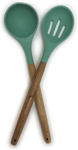 Miniatura 2 de Prepara Juego de 2 cucharones de sopa y cuchara ranurada de acacia y silicona, color verde espuma de mar