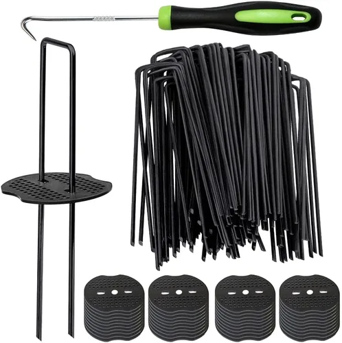 Miniatura 10 de Bakulyor 200 piezas de grapas para césped artificial verde + 200 piezas de arandelas de búfer, grapas de 15 cm calibre 11 para paisaje, puntas