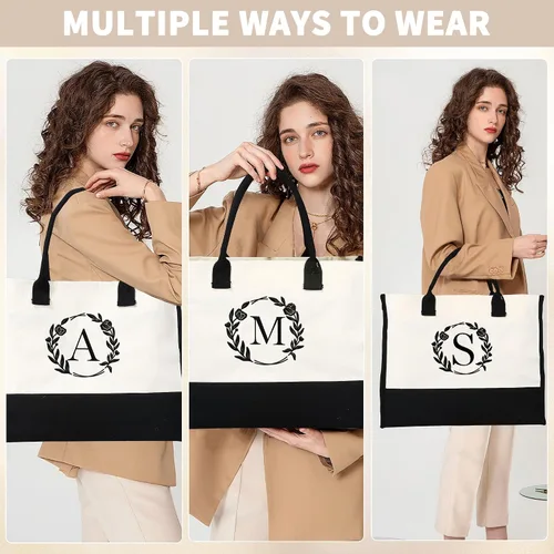 Miniatura 5 de Bolsa de lona con inicial, bolsa de playa, bolsa de maquillaje con cremallera, regalos personalizados para madres, amigas, regalos de cumpleaños