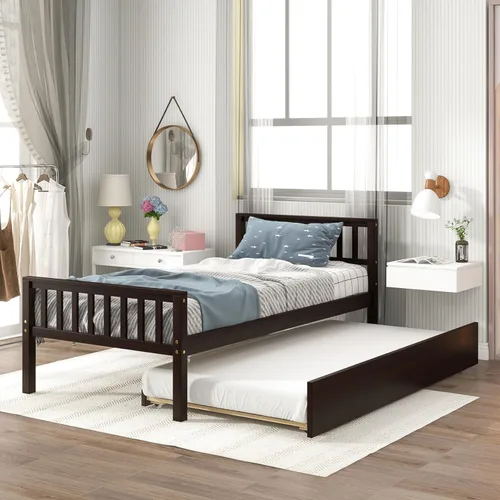 Miniatura 11 de Base de cama individual con nido, cama de plataforma individual con nido extraíble, marco de cama de plataforma doble de madera con cabecera y Blanco