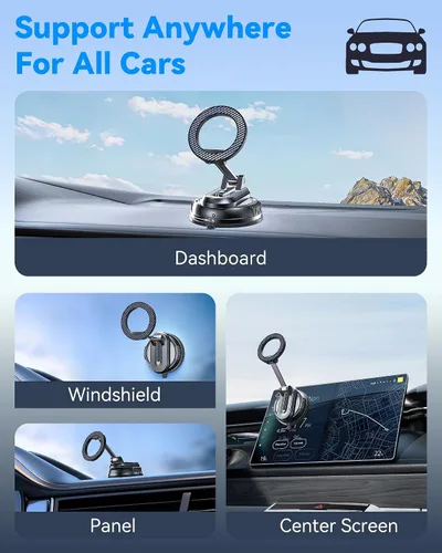 Miniatura 5 de Soporte de teléfono de coche desmontable 2 en 1 para MagSafe [imán fuerte de 2800 gf y base de succión de 89+lb] Soportes magnéticos de teléfono al