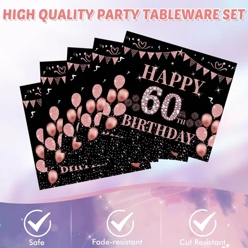 Miniatura 4 de 41 piezas de decoraciones de 60 cumpleaños para mujeres, juego de vajilla de fiesta de 60 años, platos, servilletas, mantel, suministro de fiesta