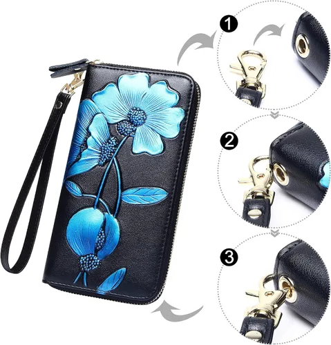 Miniatura 84 de Badiya Billetera para mujer con bloqueo RFlD de cuero con cremallera alrededor de carteras de gran capacidad