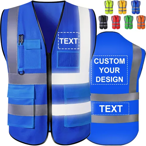 Miniatura 14 de Chaleco de seguridad personalizado de alta visibilidad, reflectante, con logotipo, bolsillo para fotos, cremallera, personalizable, clase 2