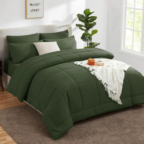 Miniatura 8 de CozyLux Juego de edredón tamaño King, color verde oliva, 7 piezas en una bolsa, edredón verde tamaño King, juegos de ropa de cama para todas