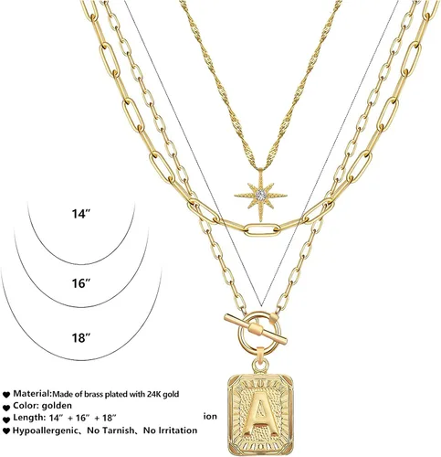 Miniatura 5 de MJartoria Collares con inicial en capas para mujer, a la moda, chapado en oro de 14 quilates, gargantilla de estrella simple, collar con dije