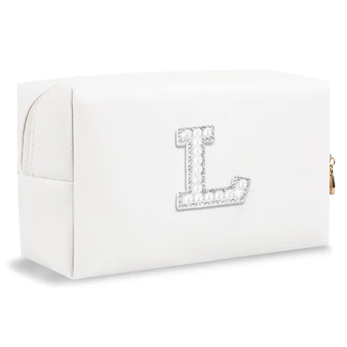Miniatura 16 de Pequeña bolsa de maquillaje personalizada con inicial A-Z Preppy Patch, bolsa de cosméticos de viaje de felpilla blanca con cremallera, bonita bolsa
