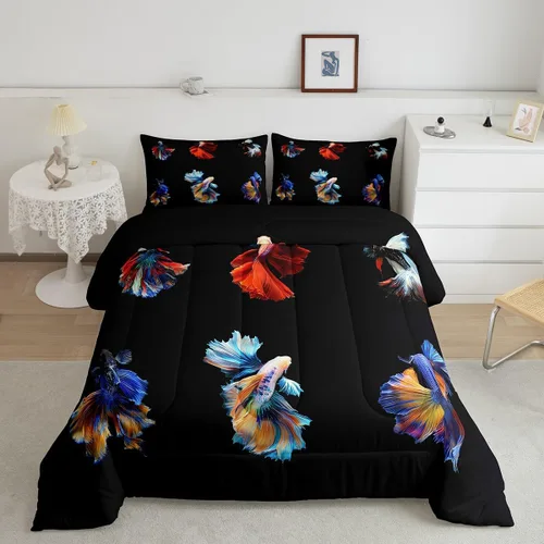 Betta - Juego de ropa de cama de peces siameses coloridos de lucha contra el agua, juego de edredón de animales submarinos para niños y adultos,