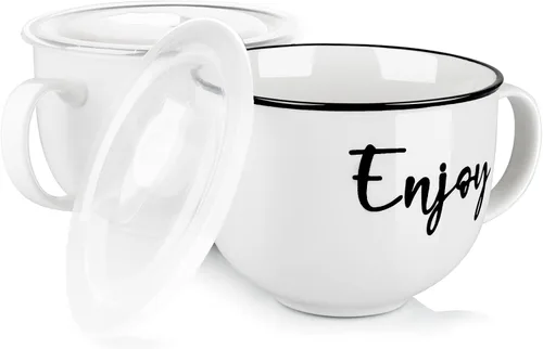 DAYYET Tazas de sopa con asas y tapas ventiladas, cuencos de sopa aptos para microondas de 26 onzas, juego de tazas de cerámica para avena durante