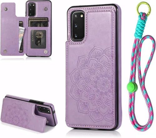 Funda tipo cartera para Galaxy S20 de 6.2 pulgadas con tarjetero y diseño de mandala en relieve de piel sintética con correa para la muñeca, doble