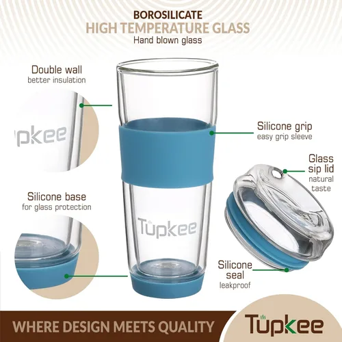 Miniatura 2 de Vaso de vidrio de doble pared, 14 onzas, vaso reutilizable aislado de vidrio para té/café con tapa, soplado a mano, taza de viaje - Niagara