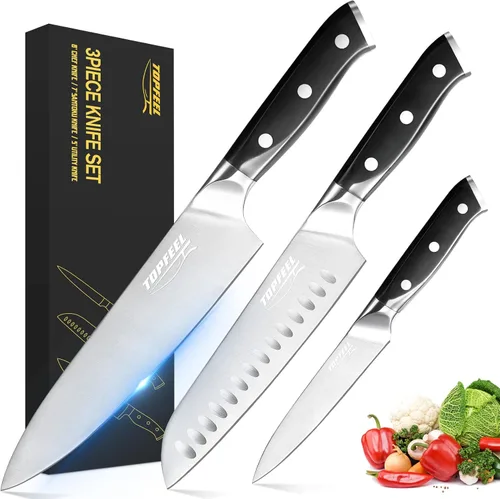 Topfeel Juego de cuchillos de chef profesional, cuchillo afilado, juego de cuchillos de cocina alemanes de acero inoxidable de alto carbono, 3