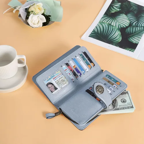 Miniatura 7 de Travelambo Billetera para mujer de gran capacidad con bloqueo RFID de cuero genuino