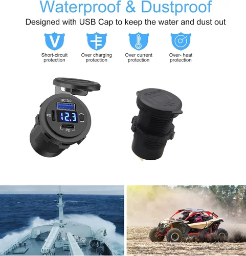 Miniatura 6 de Toma de corriente USB de 12 V, enchufe de cargador de coche USB C dual y puerto de carga rápida 3.0 con voltímetro e interruptor de alimentación
