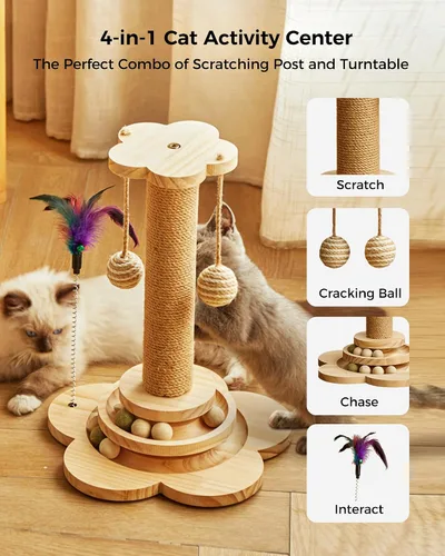 Miniatura 2 de Poste rascador para gatos para gatitos, juguete rascador de madera 4 en 1, poste rascador de 17.7 pulgadas de alto con 2 bolas de pista para gatos