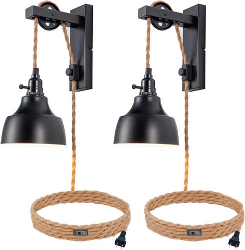 Miniatura 10 de Apliques de pared regulables enchufables de 8 pies, lámparas de pared con polea, lámpara colgante vintage, apliques de pared con enchufe e