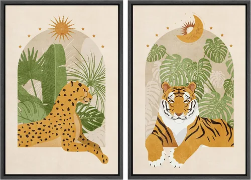 Miniatura 93 de IDEA4WALL - Set de lienzos enmarcados para pared, diseño tropical, selva, hoja de plátano, guepardo rosa, gato, naturaleza, desierto, arte digital
