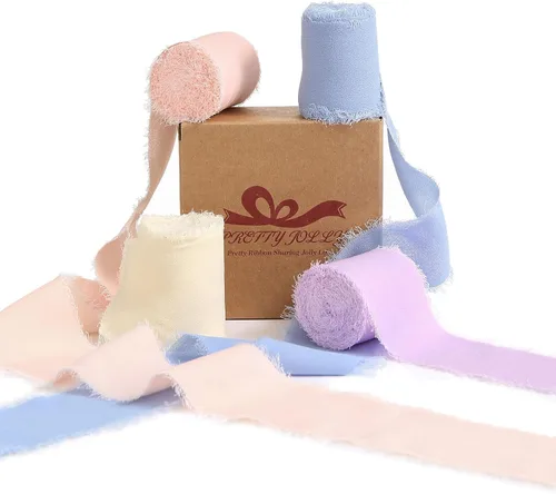 Miniatura 26 de Pretty Jolly Cinta de gasa beige para envolver regalos, 3 rollos de 2 pulgadas x 7 yardas, cinta de tela de seda hecha a mano con flecos para ramo