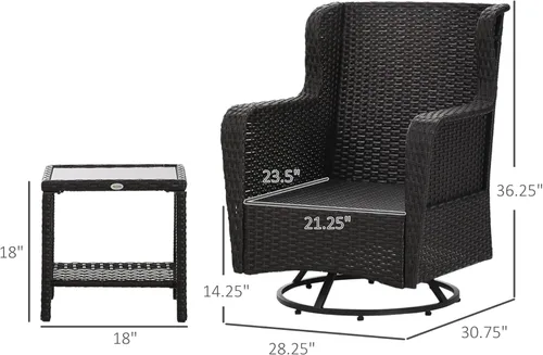 Miniatura 7 de Outsunny Juego de muebles de mimbre para exteriores de 3 piezas, juego de muebles de ratán con mesa de centro de cristal y sillas de porche