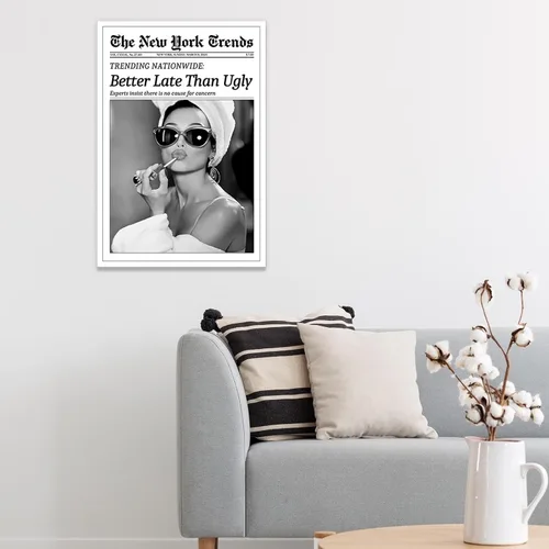 Miniatura 3 de FBKDVC Póster de pared de periódico retro de moda en blanco y negro para mujer, póster artístico con texto en inglés "Better Late Than Ugly Vintage
