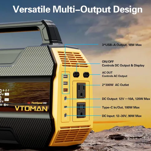 Miniatura 5 de VTOMAN FlashSpeed 300 Estación de energía portátil, batería LiFePO4 de 300 W 230 Wh con 3000 ciclos de vida, carga rápida PD USB-C de 100 W, 6
