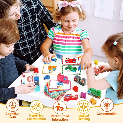 Miniatura 3 de Vanmor Rompecabezas de madera del alfabeto para niños pequeños, juego de palabras a juego con 52 bloques y tarjetas flash, juguetes de ortografía