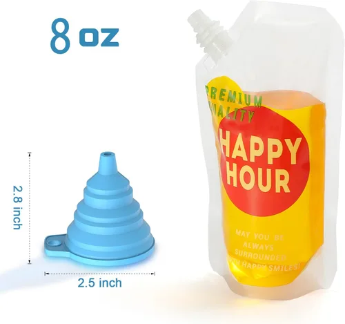 Miniatura 7 de 6 bolsas de bebidas para adultos, botellas de plástico, reutilizables, desechables, con embudo (8 onzas)