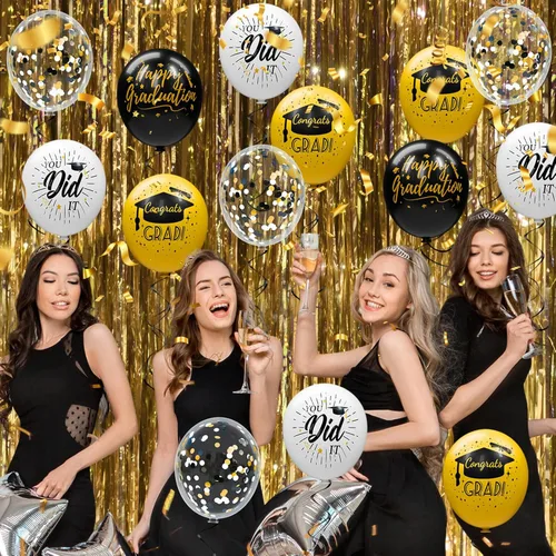 Miniatura 6 de Paquete de 78 globos de graduación 2026, decoraciones de graduación, globos de graduación de 12 pulgadas de oro negro con cintas para decoraciones