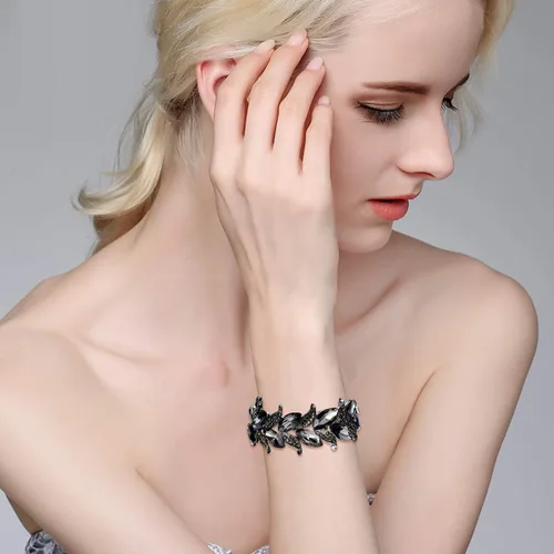 Miniatura 4 de BriLove Pulsera elástica de hoja con forma de marquesa de cristal nupcial para mujer