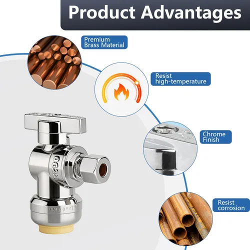 Miniatura 5 de WiseWater Válvula de tope de ángulo de ajuste a presión de 1/4 de giro, válvula de agua de cierre a presión de 1/4 pulgadas de diámetro exterior x