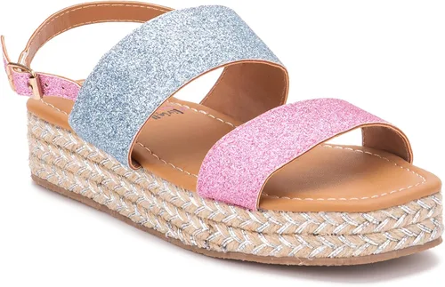 Olivia Miller Zapatos para niños, Razzle Dazzle Dazzle Doble Correa Rosa y Azul Multicolor Alpargata Niñas Plataforma Slide Sandalias