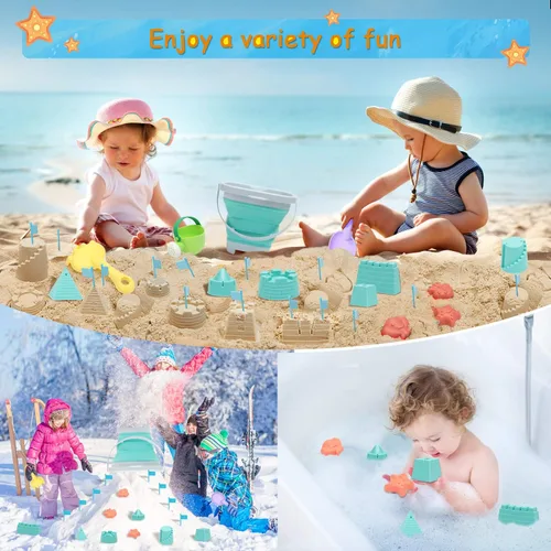 Miniatura 6 de RACPNEL Juego de juguetes de playa y arena para niños, cubo plegable y palas con bolsa de malla, moldes, banderas, caja de arena para niños y niños