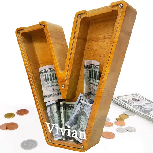 Miniatura 44 de Alcancía para niños y niñas, alcancía grande de madera personalizada con diseño recortado, bancos de monedas con letras del alfabeto, caja de ahorro