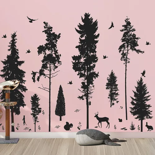 Miniatura 8 de Vinilo adhesivo de pared de pino, 9 árboles, ciervos, pájaros, conejos, bosques y naturaleza, removible de vinilo negro de alta calidad para niños